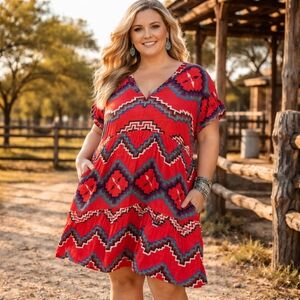 Double D Ranch 100% Viscose Red Southwestern Print Dress Boho Western Chic